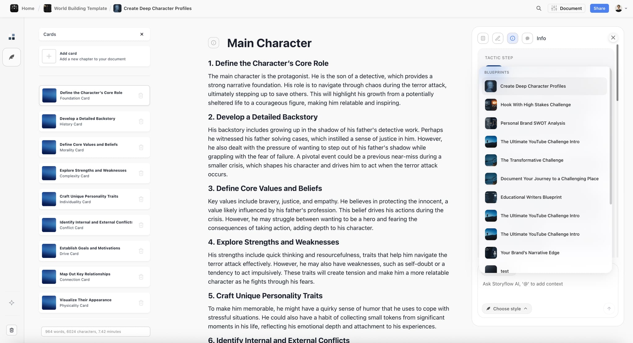 Storyflow's character relationship web alongside the Save the Cat beat sheet on one canvas with AI context built in